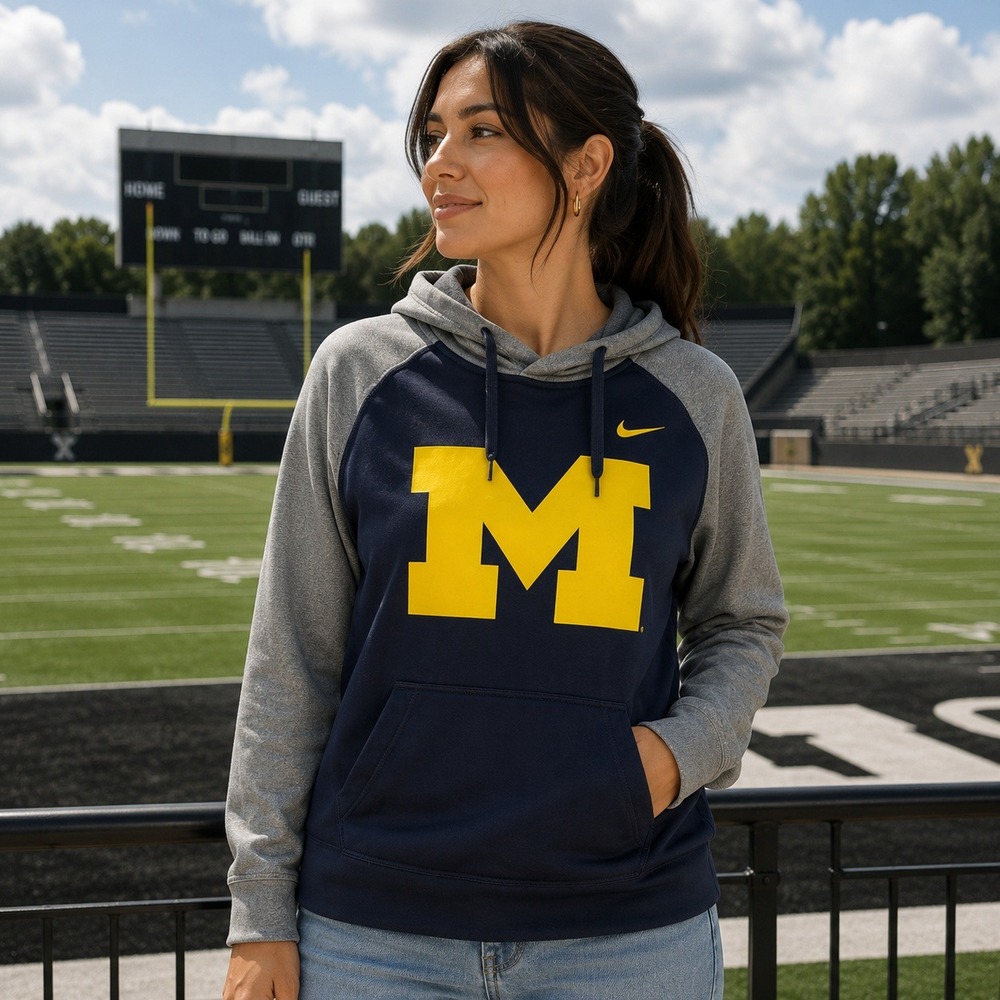 Nike Therma-FIT Michigan Wolverines Hoodie Navy‎ Gray Thumbholes Mens Medium